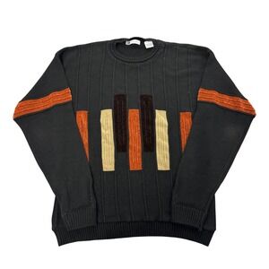 Vintage 90s Bachrach Mens Black Striped Geometric Pattern Sweater Size L